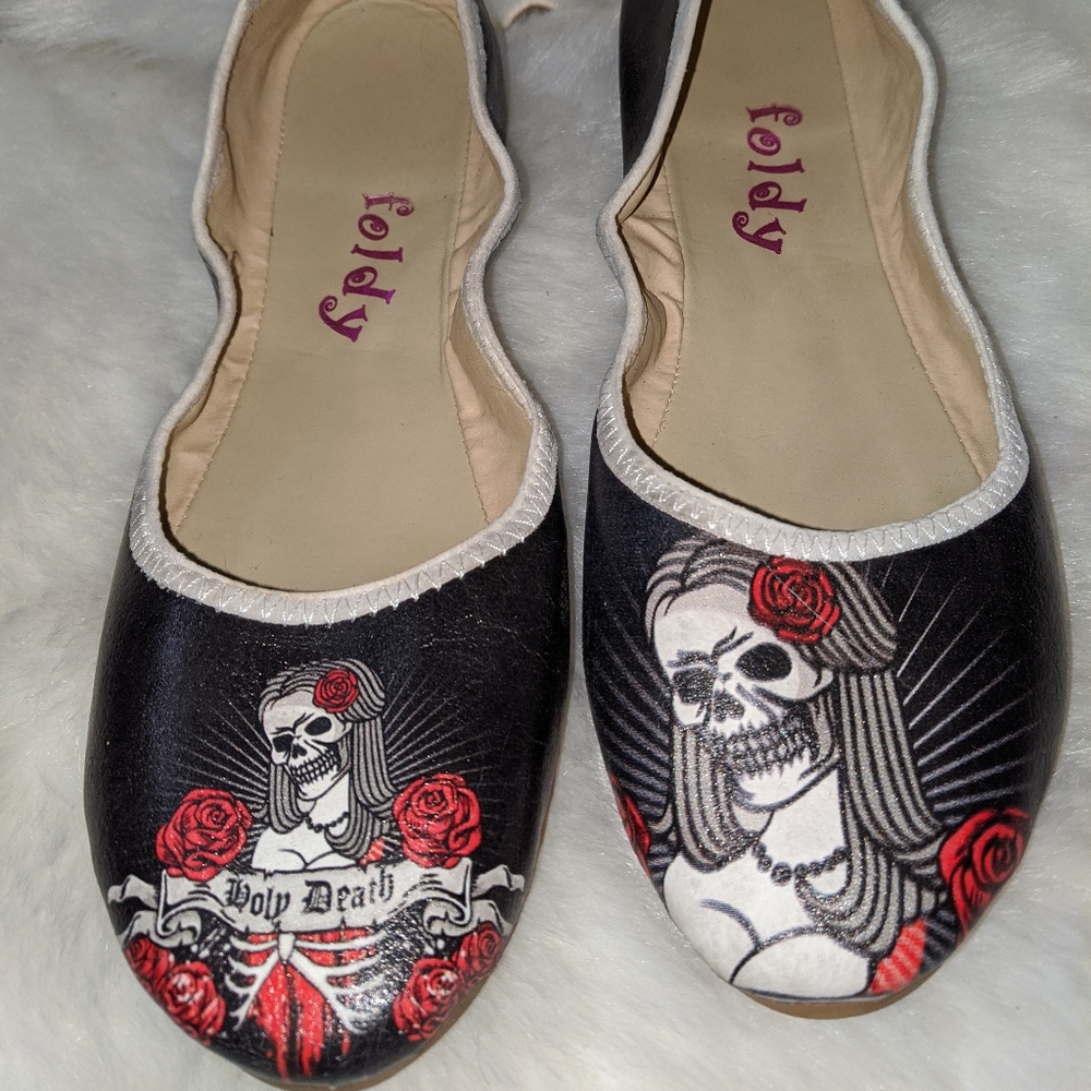 Rockabilly skeleton foldable flats red black white